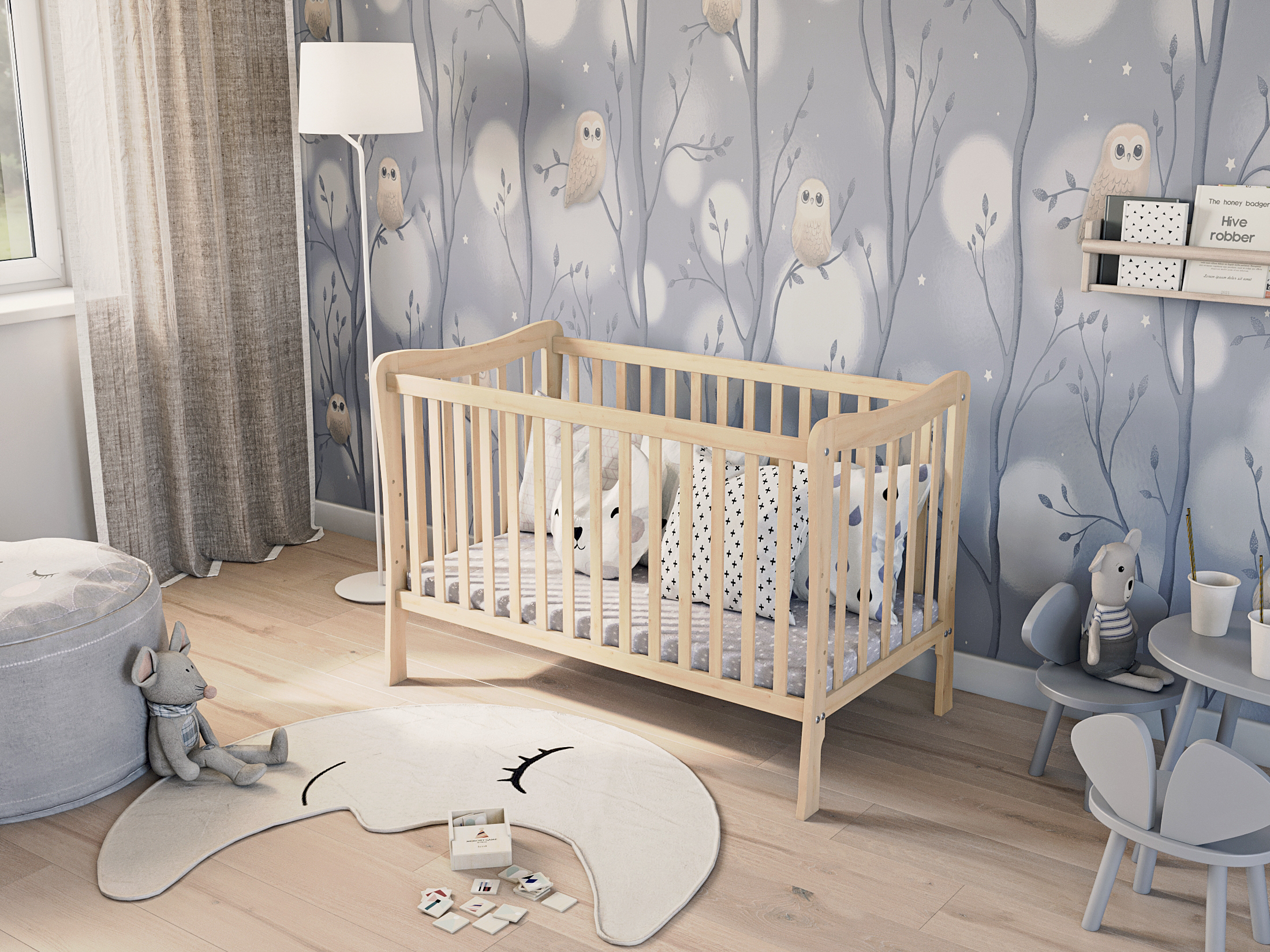 sasha - łóżeczko z drewna naturanle w pokoiku dziecięcym